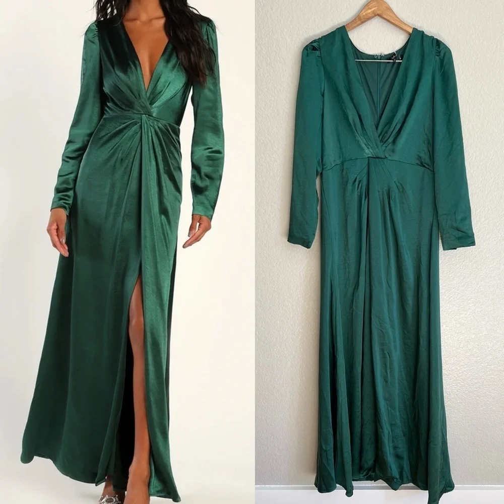 NWOT Endearing Elegance Emerald Green Satin Long Sleeve Maxi Dress